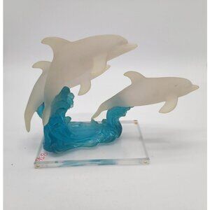 Frosted Lucite Dolphin Sculpture On Blue Wave Base